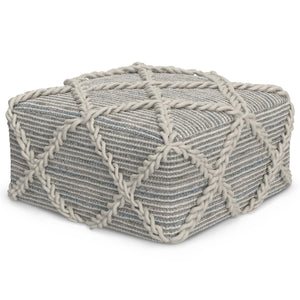 English Elm Cowan Handcrafted Square Pouf in Blue and Natural Woven Wool-Cotton with Diamond Stitching, Supportive Seat (20") Gray B136P159313