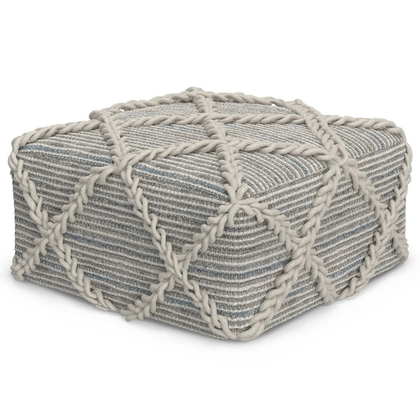 English Elm Cowan Handcrafted Square Pouf in Blue and Natural Woven Wool-Cotton with Diamond Stitching, Supportive Seat (20") Gray B136P159313