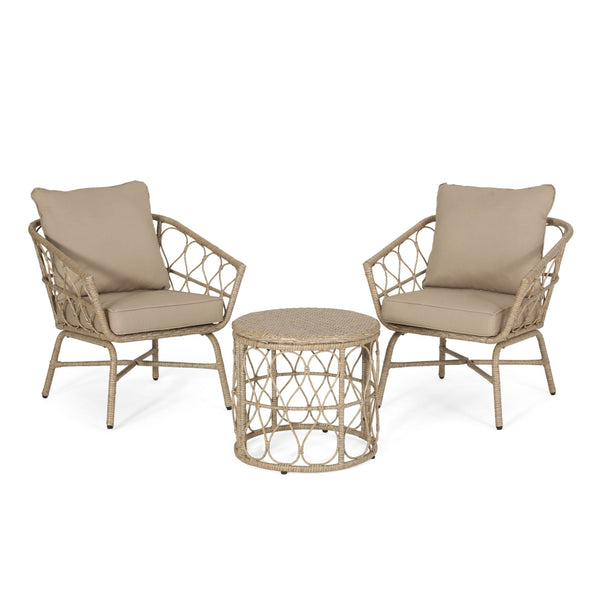 English Elm Christopher Knight Home® - BRUCE Brown 3PC Chat Set – PE Rattan Bistro Patio Seating with Iron Frame & Waterproof Cushions, Compact 70414.00LBRN