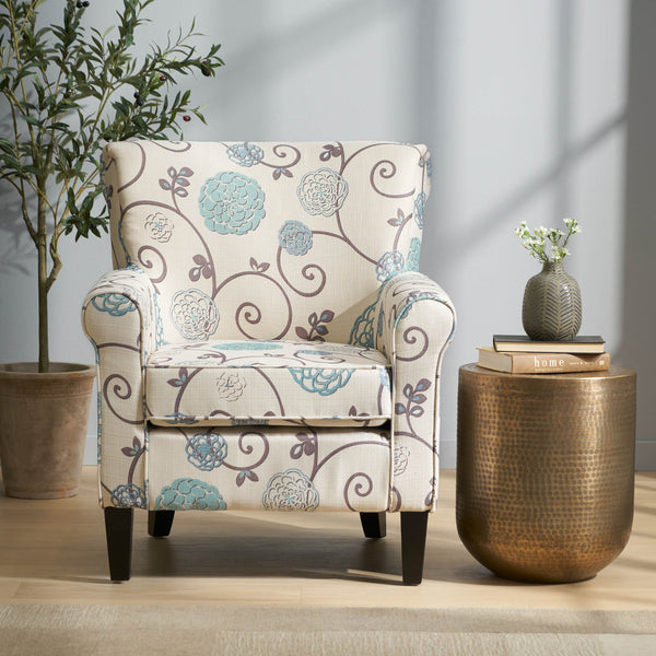 English Elm Jasmine Floral Upholstered Club Chair with Tapered Birch Legs and Tonal Piping Detail 52052.00WBLU
