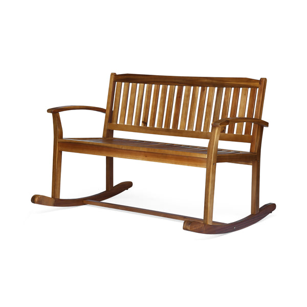 English Elm Christopher Knight Home® - Patio Acacia Wood Rocking Loveseat with Armrests — Handcrafted 2-Person Porch Bench, Slatted Comfort Natural 62267.00