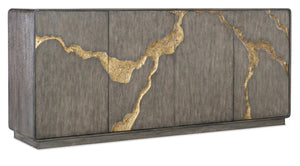 Hooker Furniture Melange Dark Oak Fissured Entertainment Credenza With Gold Accents, Olive Interior & Media Storage 628-55068-89