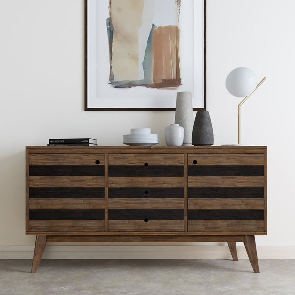 English Elm Clarkson Solid Acacia Sideboard Buffet in Rustic Aged Brown — 3 Drawers, 2 Adjustable Shelves, Mid-Century Storage B136P158777