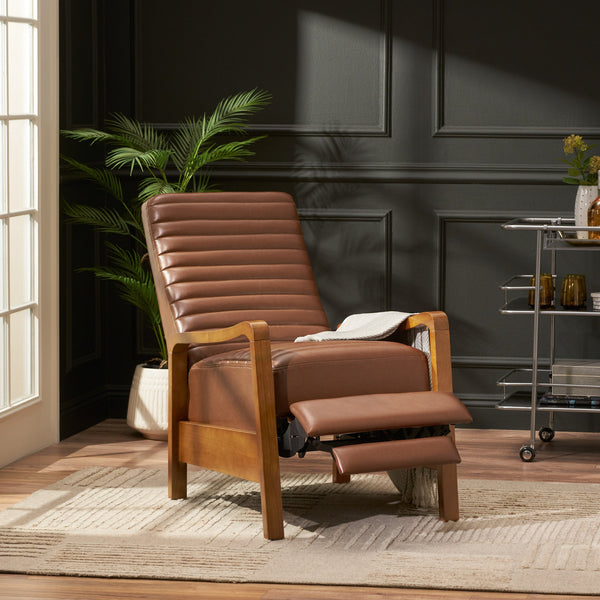 English Elm Christopher Knight Home® - Faux Leather Wood Hand Manual Club Recliner Light Brown PU Push-Back Channel Stitching Rubberwood Frame 71261.00PUCOGN