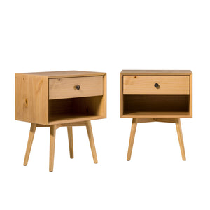 1-Drawer Mid-Century Solid Wood Nightstand - Set of 2 Natural Pine BR25MC1DNP-2PK Walker Edison