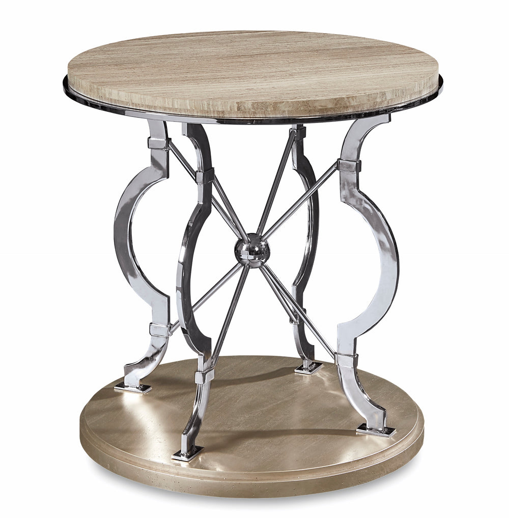 A.R.T. Furniture Morrissey Round Lamp Table With Bezel Finish – Sculptural Metal Pedestal & Stone Top Elegance Silver, Silver Parawood Solids,Primavera Veneers,Travertine,Metal 218308-2727
