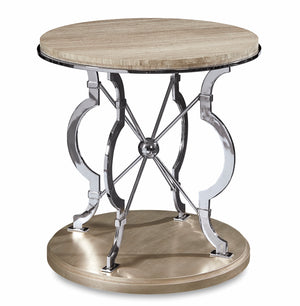 A.R.T. Furniture Morrissey Round Lamp Table With Bezel Finish – Sculptural Metal Pedestal & Stone Top Elegance Silver, Silver Parawood Solids,Primavera Veneers,Travertine,Metal 218308-2727