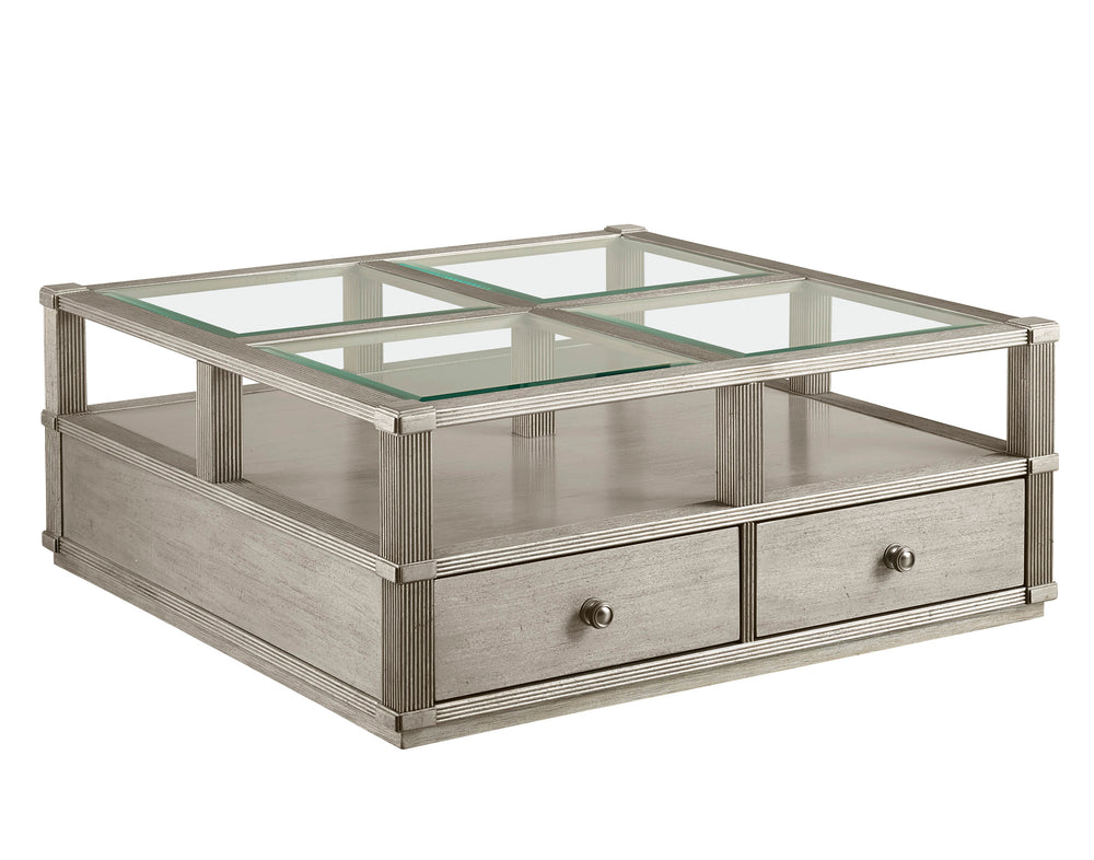 A.R.T. Furniture Morrissey Ellman Cocktail Table - Stylish Bezel Finish With Glass Top, Storage Drawers & Casters Silver, Silver Parawood Solids,Primavera Veneers,Glass,Metal 218301-2727