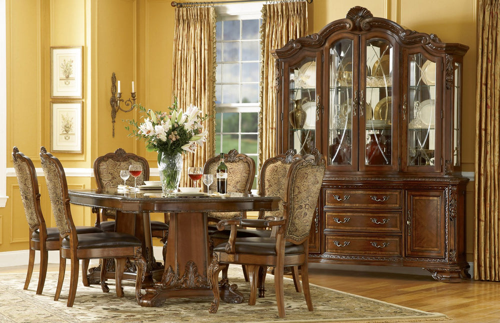 A.R.T. Furniture Old World Dining 7-piece Pedestal Table Set With Elegant Upholstered Chairs In Medium Cherry Finish Brown, Brown New Zealand Pine Solids,Cathedral Cherry Veneer,And Exotic Avodire Veneer 143221-2606s7
