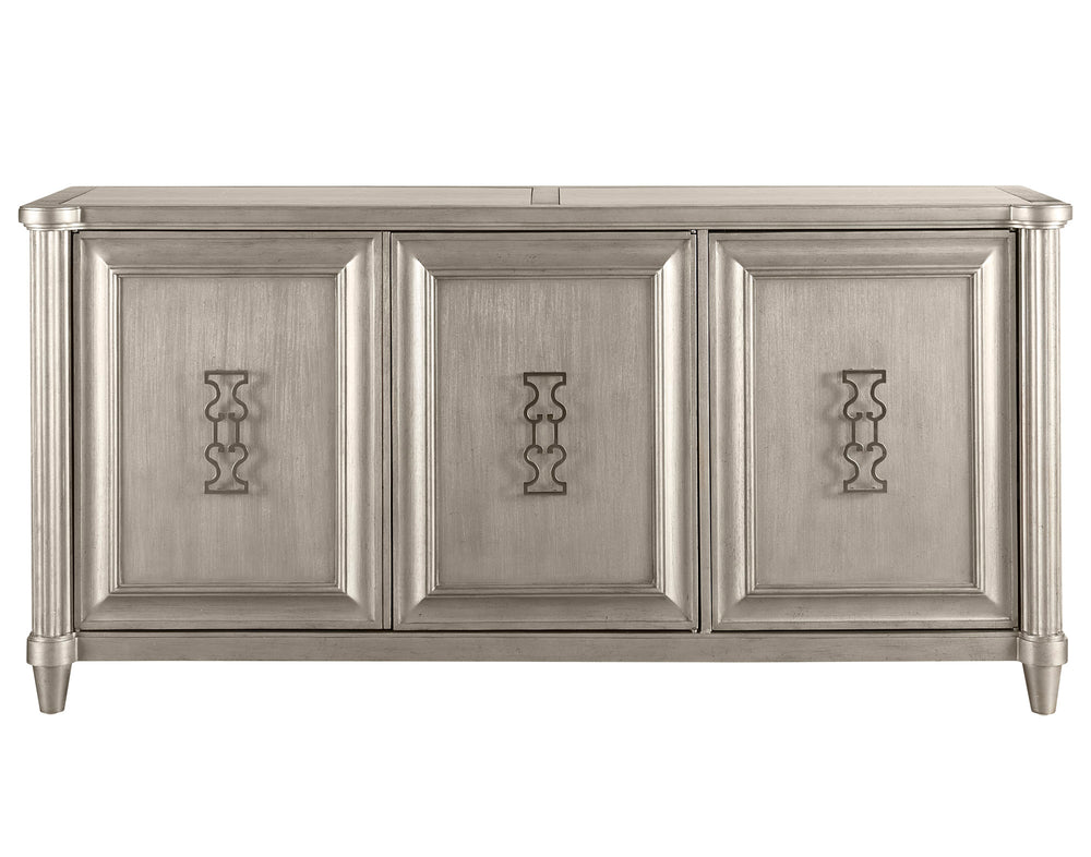 A.R.T. Furniture Morrissey Eccles Credenza - Transitional Elegance With Bezel Finish, Adjustable Shelves & Metal Hardware Silver, Silver Parawood Solids,Primavera Veneers,Travertine,Metal 218251-2727