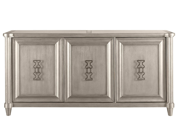 A.R.T. Furniture Morrissey Eccles Credenza - Transitional Elegance With Bezel Finish, Adjustable Shelves & Metal Hardware Silver, Silver Parawood Solids,Primavera Veneers,Travertine,Metal 218251-2727