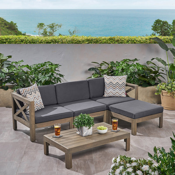 English Elm Alcove Acacia Hardwood Outdoor Sectional Set with Ottoman and Coffee Table 63714.00GDGRY