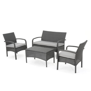 English Elm Christopher Knight Home® - CORDOBA PE Rattan 4-Pc Wicker Chat Set with Cushions, Iron Legs & Waterproof Fabric Comfort Grey 57458.00GRY
