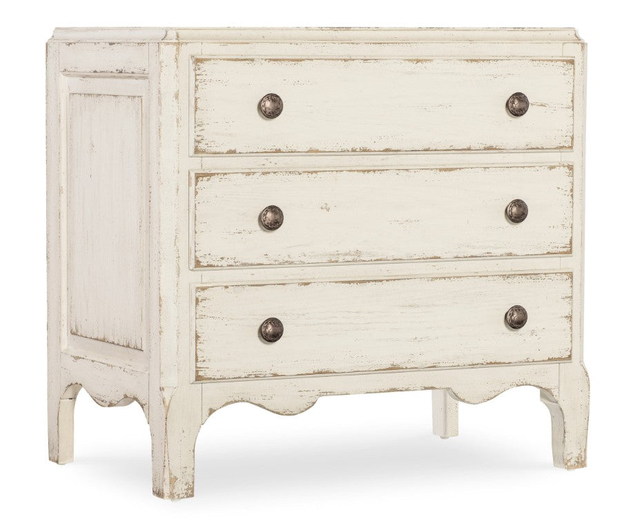 Hooker Furniture Americana Vintage-Inspired Three-Drawer Nightstand With Distressed Oak Finish, Scalloped Base & Bronze Hardware Whites/Creams/Beiges 7050-90015-02