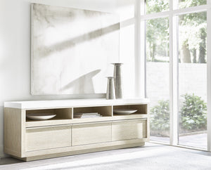 Bernhardt Bernhardt Solaria Low-Profile Entertainment Credenza — 83.9" Dune Wood, Fossil Stone Top, 3 Soft-Close Drawers 310885