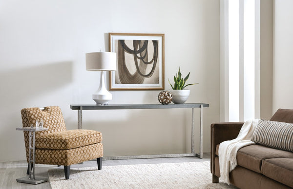 Hooker Furniture Chapman Hand-Hammered Pewter Console Table With Gray Faux Shagreen Top — Industrial Chic Entryway Decor 6033-80151-94