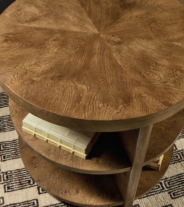 Hooker Furniture Melange Mulholland Oak Round Side Table with Triple Shelf Storage for Living Rooms 28.00L x 28.00W x 24.00H 628-80606-82
