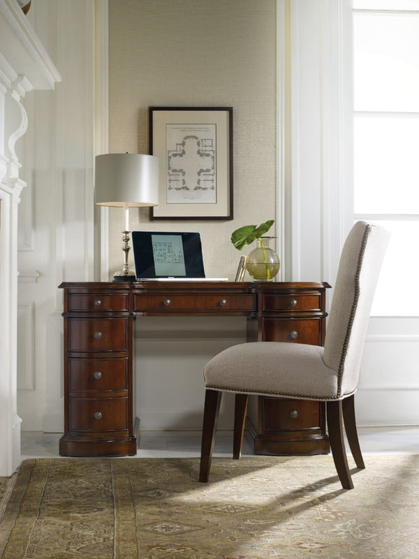 Hooker Furniture Cherry Bow-Front Knee-Hole Desk With Bonded Leather Top, 7 Drawers, File Storage, Finished Back 299-10-301