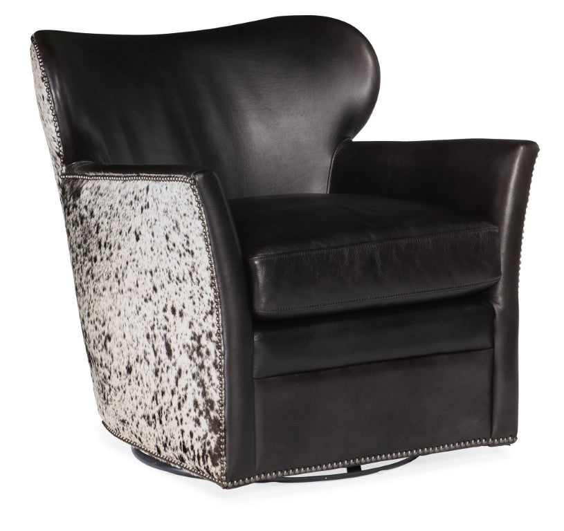 Hooker Furniture Kato Club Chair In Legendary Graphite Aniline Leather With Salt & Pepper Hair-On-Hide, Nailhead Trim 32.50 L x 29.00W x 31.50H CC469-SW-097