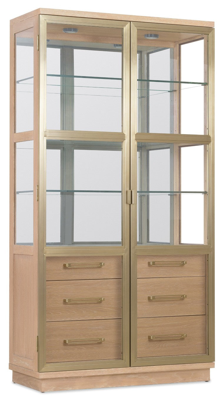 Hooker Furniture Banyon Glass Display Cabinet With Mirrored Back, Brushed Brass Accents & Led Lights, Desert Oak Finish 6081-75906-82