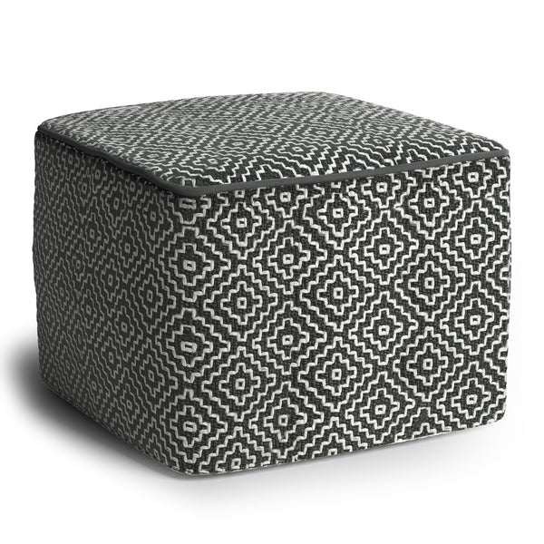 English Elm Briella Square Woven Outdoor-Indoor Pouf Grey/White – Handcrafted 100% Recycled PET, UV & Water Resistant Seat B136P159020
