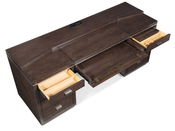 Hooker Furniture House Blend Computer Credenza Dark Roast Ash Veneer With Locking File Drawer, Pullout Work Surface, Built-In Power And Ventilated Cable Management (72"W) 5892-10464-85