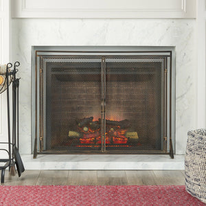 English Elm Christopher Knight Home® - FIREPLACE Samantha Iron Screen with Matte Finish, Handcrafted Mesh Guard, Dual Doors & Sleek Frame Black+Gold 67721.00BBGLD