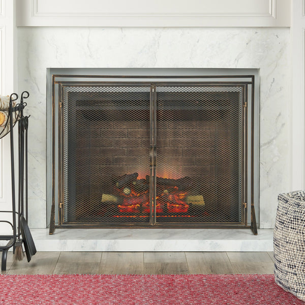 English Elm Christopher Knight Home® - FIREPLACE Samantha Iron Screen with Matte Finish, Handcrafted Mesh Guard, Dual Doors & Sleek Frame Black+Gold 67721.00BBGLD