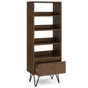 English Elm Chase Rustic Tall Bookcase in Aged Brown Acacia Wood with 4 Open Shelves, Drawer & Iron Legs B136P158525
