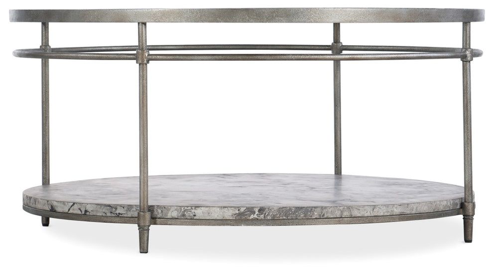 Hooker Furniture Round Cocktail Table With Champagne Metal Frame, Tempered Glass Top & Sculptural Concrete Base (38") 5889-80111-00