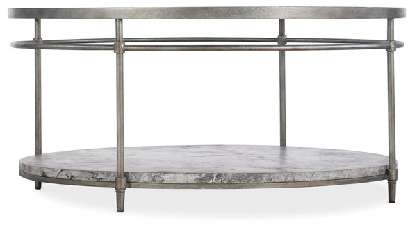 Hooker Furniture Round Cocktail Table With Champagne Metal Frame, Tempered Glass Top & Sculptural Concrete Base (38") 5889-80111-00