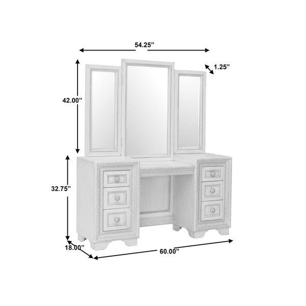 Pulaski Furniture Camilla Vanity Set With Trifold Mirror & Elegant Stool - Glamorous Creamy White Finish & Storage Drawers Natural Rubberwood Solid And Quartered Prima Vera Veneer. P269-br-k12-pulaski