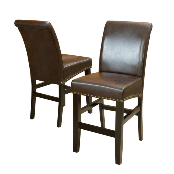 English Elm Christopher Knight Home® - 25.5'' Upholstered Counter Stool Set of 2 in Brown Leather with Solid Wood Frame, Nailhead Trim, Cushioned Comfort 74506.00