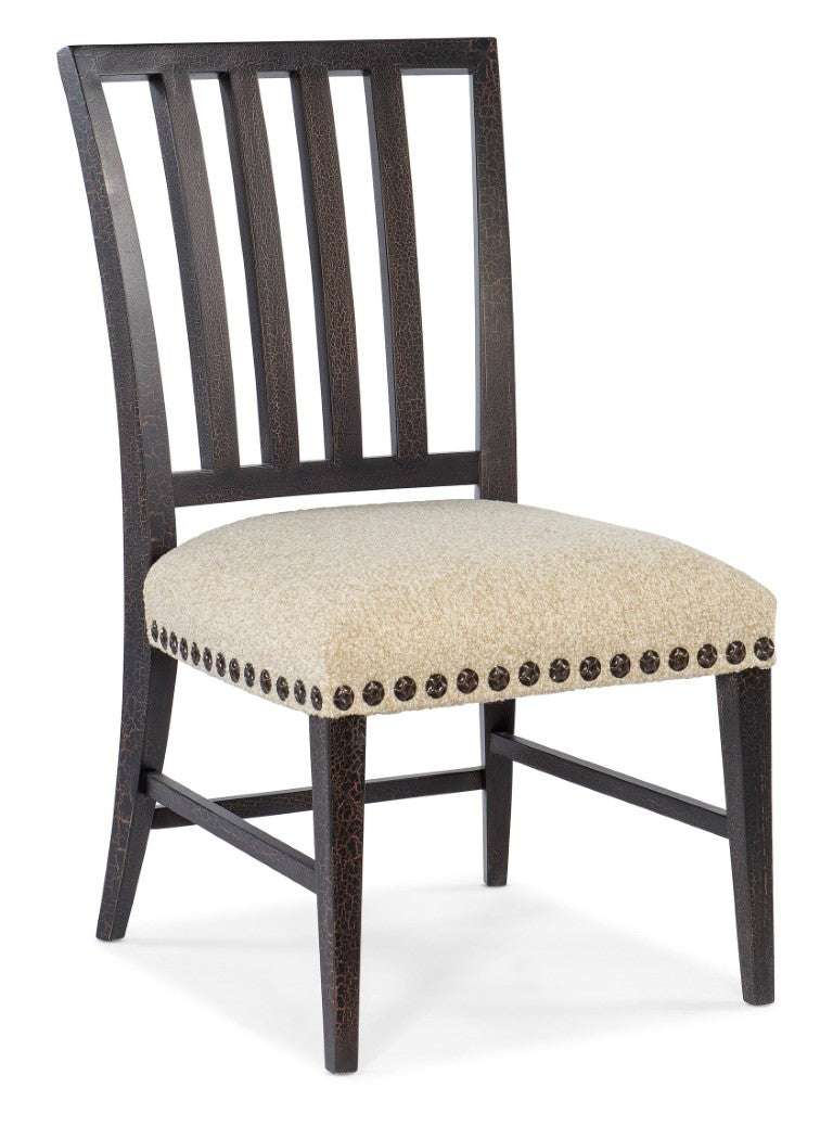 Hooker Furniture Big Sky Side Chair — Rustic Charred Timber Frame, Saxony Porcelain Performance Fabric, Nailhead Trim Elegance 6700-75410-98