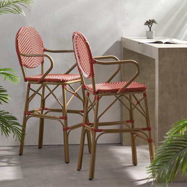 English Elm Outdoor Bistro Wicker Barstools Set of 2 Rust Resistant Aluminum Patio Bar Seating 72605.00RD