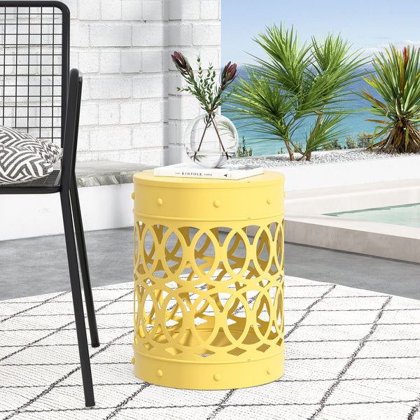 English Elm Outdoor Powder-coated Iron End Table with Geometric Cutout Design for Patio Lounging Yellow 73607.00YLW