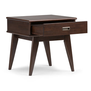 English Elm Draper Mid Century End Table - Handcrafted Solid Wood, Auburn Brown Finish & Spacious Storage Drawer B136P158147