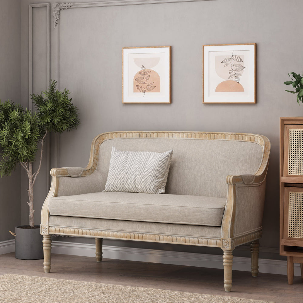 English Elm Loveseat French Country Style Turned Legs Padded Upholstery Compact Sitting Room Sofa 71063.00BGE