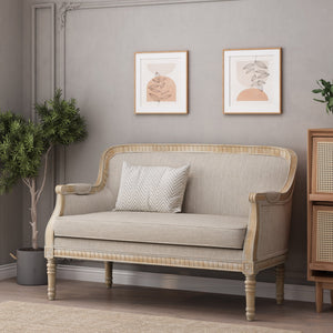 English Elm Loveseat French Country Style Turned Legs Padded Upholstery Compact Sitting Room Sofa 71063.00BGE