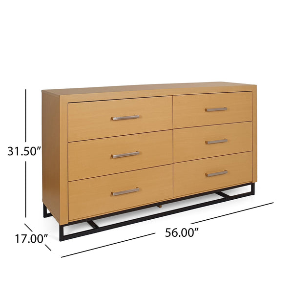 English Elm Christopher Knight Home® - 6 Drawer Chest with Iron Base and Six Spacious Drawers, Contemporary Industrial Design, Durable Construction Maple 60 L x 19.25 W x 10 H 71883.00MPL
