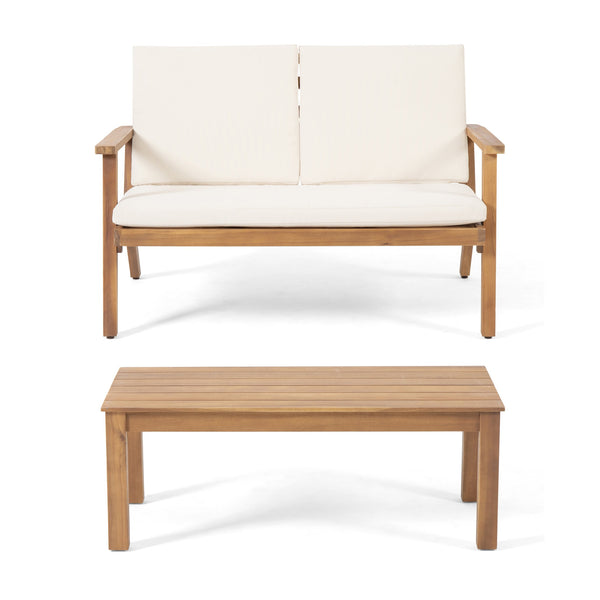 English Elm Christopher Knight Home® - Acacia Outdoor Loveseat and Coffee Table Set with Cushions, Mid-Century Acacia Wood Patio Seating Beige+Brown 68024.00CRM