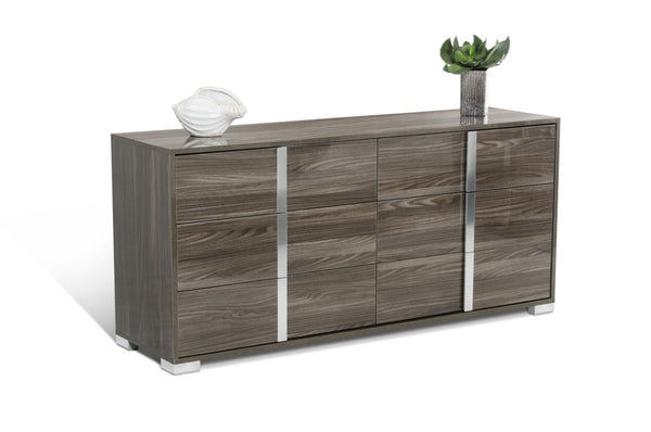 VIG Furniture San Marino Modern Grey Dresser: Italian Grey Elm Gloss, 6 Soft-Close Drawers, Aluminum Handles, Fully Assembled, W66"Xd19"Xh30" VGACSANMARINO-DSR-GRY