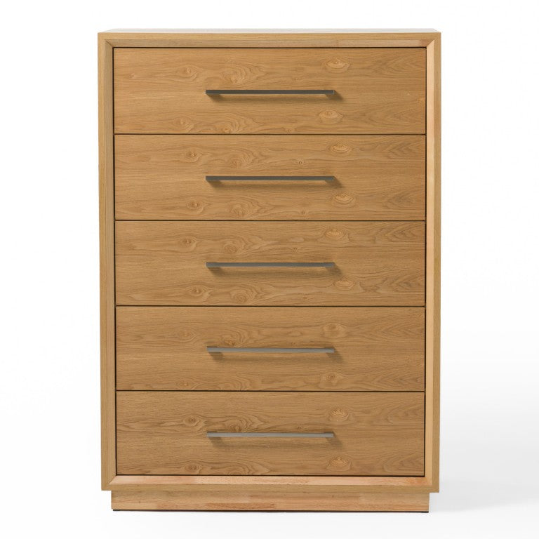 VIG Furniture Santa Barbara Modern Natural Chest — Tall 5-Drawer Solid Wood Dresser, Soft-Close Drawers, Brushed Nickel Handles, 36X20x51" VGMABR-127.1-CHEST