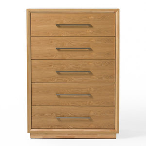 VIG Furniture Santa Barbara Modern Natural Chest — Tall 5-Drawer Solid Wood Dresser, Soft-Close Drawers, Brushed Nickel Handles, 36X20x51" VGMABR-127.1-CHEST