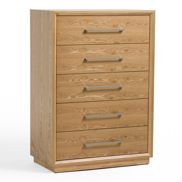 VIG Furniture Santa Barbara Modern Natural Chest — Tall 5-Drawer Solid Wood Dresser, Soft-Close Drawers, Brushed Nickel Handles, 36X20x51" VGMABR-127.1-CHEST