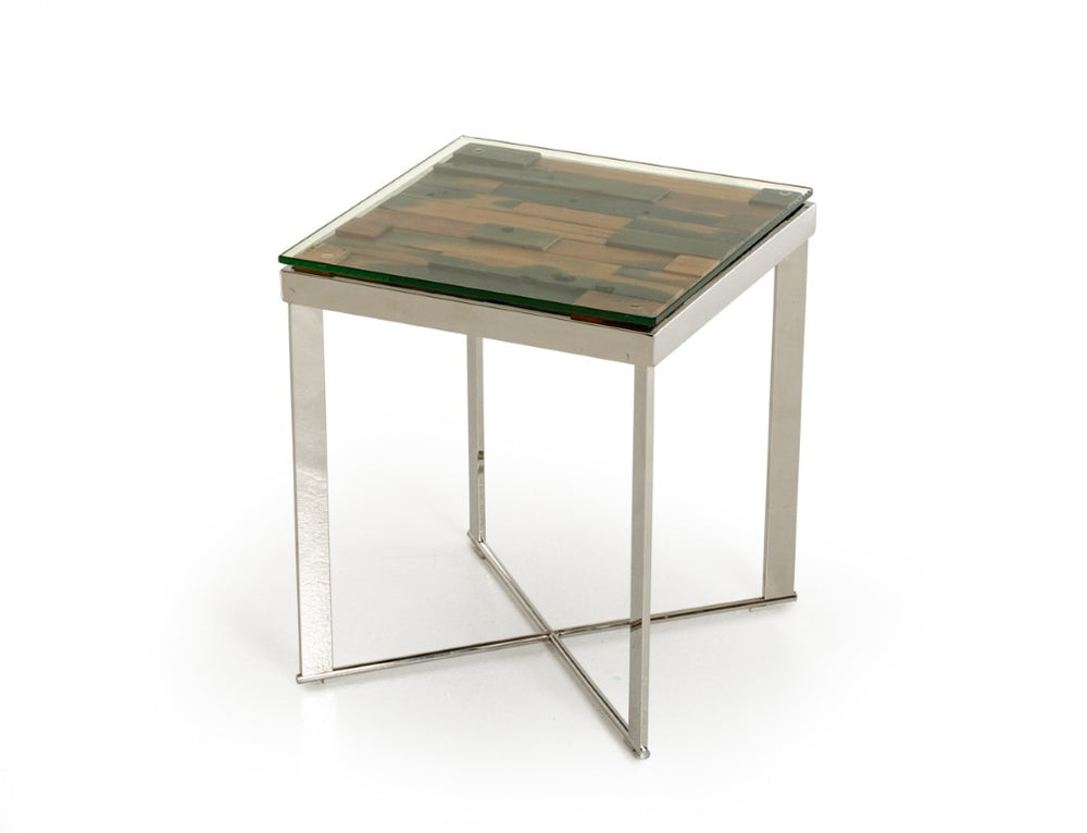 VIG Furniture Santiago Reclaimed Shipwood Mosaic End Table With Tempered Glass Top & Polished Stainless Base, 19" VGEWF1193-1AB