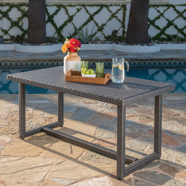 English Elm Christopher Knight Home® - SANTA rattan dining table with water-resistant iron frame, woven patio centerpiece for outdoor entertaining Grey 62.5 L x 38 W x 6 H 62003.00GRY
