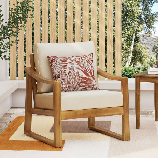 English Elm Christopher Knight Home® - SAMWELL Acacia Wood Outdoor Club Chair with Slatted Back, Sloped Arms & Water-Resistant Cushions Teak 33.25 L x 30 W x 14.75 H 69678.00BGE