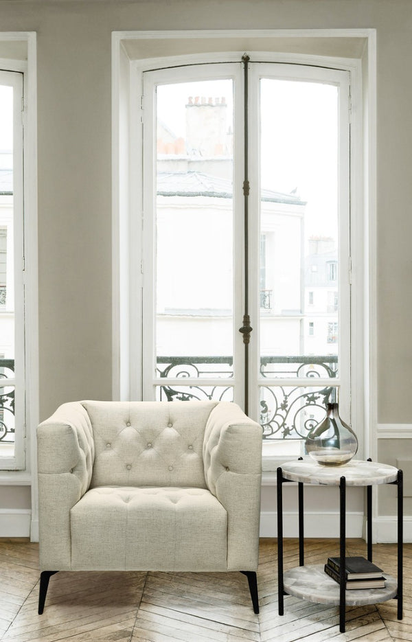 Hooker Furniture Nicolla Heathered Sand Stationary Chair With Chesterfield-Tufting & Matte Black Tapered Legs, Durable Performance Fabric SS637-01-411