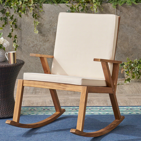 English Elm Champlain Outdoor Acacia Wood Rocking Chair with Cross-back Design and Cushions Cream 62685.00